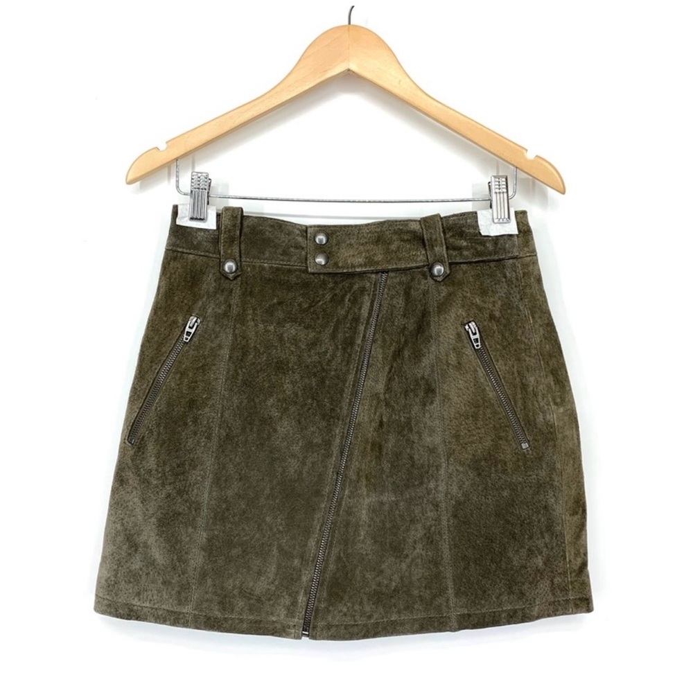 BLANK NYC Warm Gray/Green Suede Leather Moto Style Mini Skirt Zip Up New Size 28